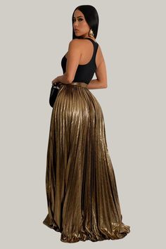 Indulge in luxury with our Artistic Allure Metallic High Slit Skirt. With its pleated design and thigh-high split, this A-line style exudes elegance and sophistication. Its natural waistline and long length create a flattering silhouette, while the medium stretch knitted fabric provides comfort and versatility. Perfect for any party or special occasion, this skirt is a must-have for those who appreciate high-end fashion. 95% Polyester, 5% Elastane Model is wearing size small Please allow 3-5 bus Bandage Jumpsuits, Gold Skirt, Black Hot Pink, Plus Size Jumpsuit, Plus Size Shopping, Fashion Items, Christmas 2024, High End Fashion, Shop Swimwear