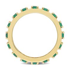 Display your everlasting commitment with this elegant and vintage-inspired green lab-created emerald eternity band. Fashioned in sterling silver with yellow rhodium plate This choice glistens with an endless row of verdant-green lab-created emeralds. Intricate milgrain-lined square-shaped frames add heirloom detail to the style. Emerald is the traditional birthstone for May and symbolizes loyalty, faithfulness and love. Classic Emerald Half Eternity Ring, Yellow Gold Emerald Jewelry With Half Eternity Detail, Green Emerald Eternity Band, Elegant 14k Gold Half Eternity Emerald Ring, Classic Green Gemstone Eternity Band, Emerald Eternity Band, Verdant Green, Yellow Rings, Lab Created Emerald