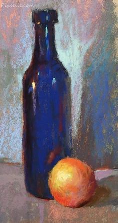 a painting of a blue bottle and an orange