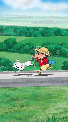 an animated image of a person chasing a dog on a road with trees in the background