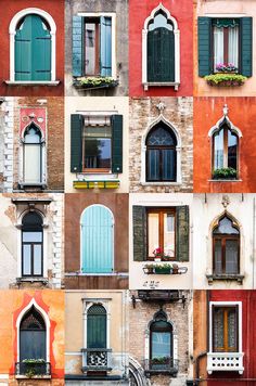 many windows and shutters on an old building