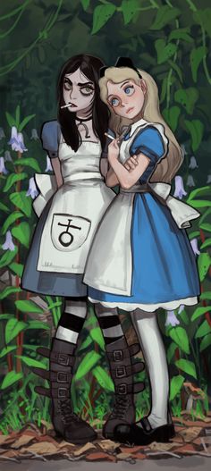 two women dressed as alice and jack in front of some plants with numbers on them