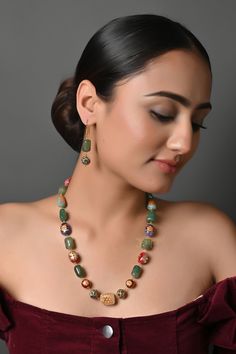 Handpainted Stone Beaded Necklace, Gold Plated Meenakari Jade Beaded Necklace, Laying Necklaces Anniversary Gifts for Mom, Office Jewelry This necklace is a most elegant and perfectly crafted necklace to bejewel your neckline with dancing beads that will create a style statement wherever you go. Pair this gorgeous replica of Western jewelry with your ethnic or contemporary ensembles and create a look to remember. * Necklace Length: 17 Inches (comes with adjustable Lock) * Earrings Length: 1 inch approx * Material: Brass and stone * Package: Necklace And Earring  STYLE TIP: The elegant design with oodles of pearls will keep you hooked every time you look at them. This lovely set is made for a modern-day woman who has her heart in the little details of her traditional heritage. A perfect mat Festive Multicolor Gemstone Beads Jewelry, Multicolor Gemstone Bead Necklaces For Festive Occasions, Multicolor Gemstone Beads For Celebration, Green Kundan Necklace With Round Gemstone Beads, Festive Multicolor Gemstone Bead Necklaces, Traditional Jewelry With Faceted Beads, Multicolor Large Beads Jewelry For Celebration, Multicolor Beaded Temple Jewelry, Multicolor Faceted Beads Jewelry For Festivals