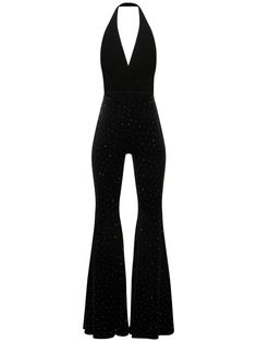 Back self-tie closures. Open back. All over pattern placement may vary. Model is wearing a size34 Chic Party Bodysuit With Tie Back, Fitted Jumpsuit With Tie Back For Night Out, Fitted Tie-back Jumpsuits And Rompers For Night Out, Black Tie-back Jumpsuits And Rompers For Party, Black Tie Back Jumpsuits And Rompers For Party, Glamorous Fitted Halter Neck Jumpsuits And Rompers, Velvet Jumpsuit, All Over Pattern, Alexandre Vauthier