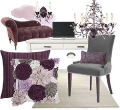 a room with purple and grey furniture, chandelier, chair, desk and laptop