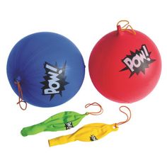 two balls and an umbrella with the word pow on them are shown in three different colors