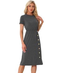 The short sleeves of this dress offer just the right amount of coverage, keeping you cool and comfortable throughout the day. Designed for versatility and comfort, this midi dress is suitable for both formal and casual occasions. It can be paired with heels or flats, adding accessories like a belt or a cardigan to personalize your look. Whether you're attending a business event or meeting friends for a casual outing, this dress can be styled accordingly. Modest Short Sleeve Solid Color Dress, Gray Short Sleeve Midi Dress For Summer, Maxi Bodycon Dress, Womens Muscle Tank, Business Event, Meeting Friends, Mini Sundress, Casual Wedding Dress, Elegant Casual