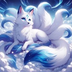 a white cat with blue eyes sitting on clouds