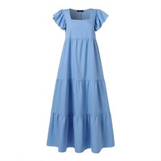 Women's Summer Boho Dress U-Neck Short Sleeve Ruffle Hem Maxi Dress Summer Square Neck Maxi Dress With Ruffle Hem, Solid Color Tiered Beach Dresses, Summer Maxi Dress With Ruffle Hem And Square Neck, Solid Color Tiered Dress With Ruffle Hem For Summer, Solid Color Midi Dress With Ruffles For Beach, Square Neck Maxi Dress With Ruffle Hem For Summer, Tiered Solid Color Dresses For Day Out, Solid Tiered Dresses For Day Out, Solid Color Tiered Dresses For Day Out