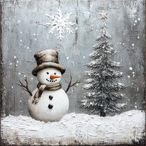 a painting of a snowman in front of a fir tree with snow flakes on it