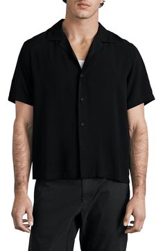 A notched collar frames this lightweight button-up featuring clean lines and casual style. 27 1/2" length (size Medium) Notched collar Short sleeves 100% viscose Machine wash, tumble dry Imported Shirt Outfit Men, Black Button Up Shirt, Rag And Bone, Notched Collar, Short Sleeve Button Up, Wearing Black, Rag & Bone, Shirt Outfit, Men Short Sleeve