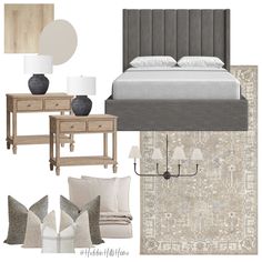 a bedroom design board with neutrals and white accents, including a bed, night stand, nightstand, lamp, rug