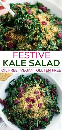 kale salad in a white bowl with text overlay