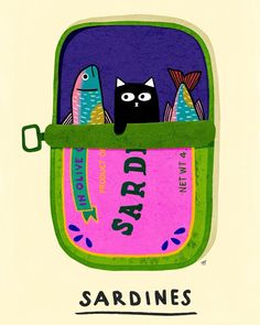 there is a cat sitting in the pocket of a bag that says sardines