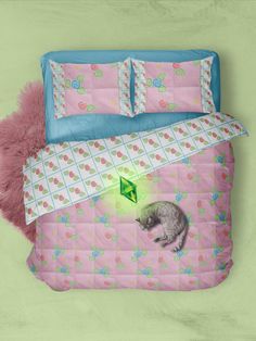 a bed with a cat on it and a green light in the middle