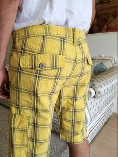 "yellow plaid shorts 80's men's Clothing men's shorts Vintage men's Retro Shorts Checkered shorts men's golf shorts Tartan shorts 2X 100%-cotton made in Germany Ready to ship. waist: ( 100 cm ) 39.4\" HIP ( 116 cm )45.7\" length: (85 cm ) 33.5\" NOTE The color on the pictures may vary due to monitor settings and light reflections. We appreciate your patience. Thank you so much for looking at my works! Please do not hesitate to contact with me for any questions. See you." Summer Knee-length Cargo Shorts With Built-in Liner, Summer Plaid Shorts With Built-in Shorts, Knee-length Cotton Cargo Shorts For Summer, Casual Plaid Cotton Shorts, Casual Plaid Bottoms With Built-in Shorts, Plaid Bottoms With Built-in Shorts For Summer, Plaid Skorts With Built-in Shorts For Summer, Summer Plaid Bottoms With Built-in Shorts, Casual Yellow Bermuda Shorts