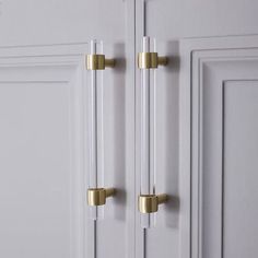 two brass handles are on the white doors