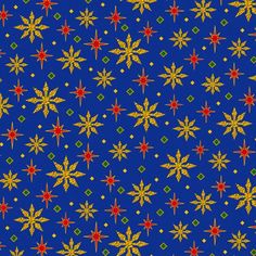 a blue background with red, yellow and green stars