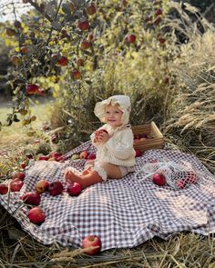 a baby sitting on a blanket in the middle of an apple orchard