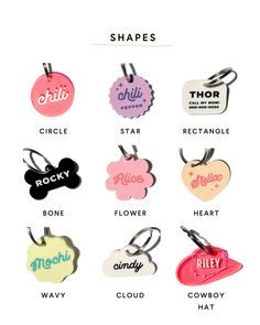 the different shapes and sizes of tags are shown on a white background with text that reads shapes