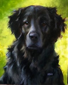 a painting of a black dog sitting in front of a green background