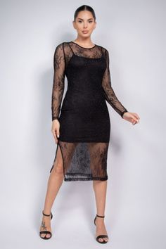 Elevate your evening ensemble with our Lace Rhinestone-Studded Slit Midi Dress, a masterpiece of chic simplicity and sophistication. This exquisite knit lace dress is adorned with delicate rhinestone embellishments, ensuring you stand out with every step you take.  Key Features: Fabric: Crafted from 100% Polyester, this dress offers a luxurious feel and elegant drape. Fit: Designed with a classic round neckline, long sleeves, and an alluring side slit for a modern touch. Color Options: Available Knit Lace Dress, Blue Zone, Knit Lace, Elegant Drapes, Slides Women, Rhinestone Embellishments, Lace Midi Dress, Crop Top Blouse, Blue Midi Dress