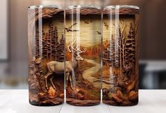 three glasses with an image of deer in the woods