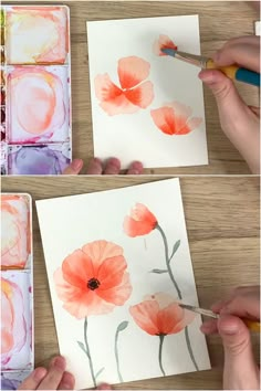 the process of painting flowers with acrylic paint and watercolors on paper