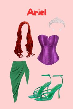 there is a purple corset, green high heeled shoes and a pink background