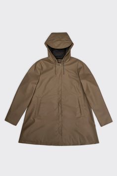 Rains® A-line W Jacket in Wood for $140 | Free Shipping Classic A-line Fall Outerwear, Solid A-line Outerwear For Fall, Classic Parka With Detachable Hood For Fall, Classic Fall Parka With Detachable Hood, Modern Long Coat, Waterproof Rain Jacket, Jackets Uk, Wear Store, Elegant Drapes