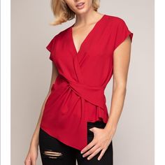 Gorgeous Silky Red Top. Crosses In Front For A Drapey, Unique Look. Snap At Neckline Provides Modesty. Looks Great Dressed Up Or With Jeans. Twist Blouse, Zebra Shirt, Hot Pink Blouses, Cutout Tank Top, Maroon Blouse, Chiffon Kimono, Sewing Bee, Formal Pants, Red Blouse