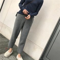 High Waist Elegant Knitted Pants – Tomscloth Casual Stretch Bottoms For Winter, Winter Casual Stretch Bottoms, Comfortable Gray Sweatpants For Winter, Stretch Pants For Winter Loungewear, Non-stretch Tapered Leg Winter Bottoms, Relaxed Fit Trousers For Winter, Cozy Pants With Pockets For Winter, Stretch Winter Loungewear Pants, Winter Stretch Loungewear Pants