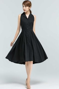 "Elegant and simple design, our black linen dress continue to shows a easy-going attitude of life. The sleeveless summer dress is made of soft linen fabric, with knee length, button down and a tie on the waist. It is a summer handmade dress, is perfect for everyday or special occasion. DETAILS * 50% linen , 50% cotton * No lining * Shirt collar * Sleeveless * Two side seam pockets * Button front closure * Fit and flare dress * Knee Length dress * perfect for Summer * Wash by hand or machine with Black Sleeveless Dress With Button Closure, Sleeveless Linen Dress With Button Closure, Sleeveless Black Linen Dress For Spring, Black Sleeveless Linen Dress For Spring, Chic Black Sleeveless Linen Dress, Black Sleeveless Dress With Buttons For Spring, Black Sleeveless Midi Dress With Buttons, Black Sleeveless Linen Dress For Summer, Black A-line Dress With Button Closure