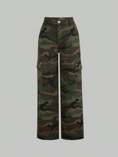 Teen Girl's Casual And Stylish Retro Camouflage Jean Pants, Straight Cut Dark Green    Denim Camo Wide Leg Non-Stretch All Teen Girls Clothing, size features are:Bust: ,Length: ,Sleeve Length: Outfits With Camo Pants, Camo Pants Outfit, Basic Clothes, Camouflage Jeans, Casual Denim Jeans, Jean Pants, Jeans Casual, Camo Pants