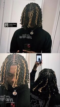 Blonde Loc Highlights, Dreads With Highlights Men, Twist Out Locs Men, Dread Hair Color Ideas Men, Curly Dreads Men Locs, Mid Taper With Curls, Black Dreads With Blonde Highlights Men, Locs Hairstyles For Man, Dyed Men Locs