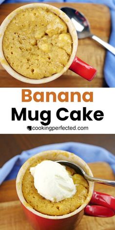 a banana mug cake in a red cup with whipped cream on top and the title above it