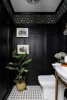 a black and white bathroom with a potted plant in the corner next to the toilet