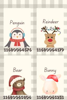 four christmas cards with different animals and numbers on them, including one penguin, the other bear