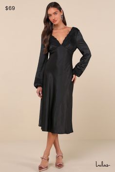 The Lulus Illustrious Elegance Black Satin Long Sleeve Midi Dress is stunning, sweet, and will sweep everyone off their feet! Sleek, stretch-woven satin shapes this stunning dress that features a lightly gathered bodice with a plunging, lace-trimmed V-neck and back, all framed by long balloon sleeves with matching lace trim and elastic at the cuffs. The chic, empire-style waist sits atop the fit-and-flare silhouette that falls to a modern midi hem. Hidden back zipper/clasp. Fit: This garment fit Satin V-neck Night Dress, Night V-neck Dress With Satin Finish, Stretch Satin Midi Dress, Sleek Satin V-neck Midi Dress, Fitted V-neck Satin Dress With Bias Cut, Fitted Silk Dress With Satin Finish And V-neck, Fitted Silk V-neck Dress For Date Night, Satin Stretch Midi Dress, Stretch Satin Knee-length Dress