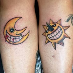 two sun and moon tattoos on both legs with one smiling at the other's face