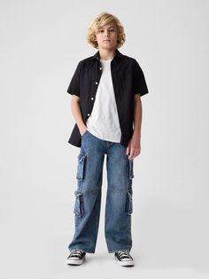 No stretch denim cargo jeans.  Button at center front