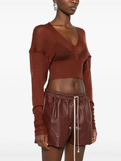 Buy Rick Owens Ls V Fine-knit Cropped Jumper - Brown At 49% Off | Editorialist Fine Knit, Knit Crop, Rick Owens, Drop Shoulder, Henna, Jumper, Top Brands, Great Deals, Long Sleeves