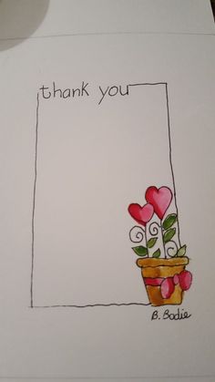 a thank card with a potted plant and hearts