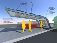 an artist's rendering of a train station with people standing near the platform and next to it is a bus