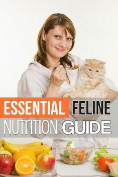 a woman holding a cat in front of a table with fruits and vegetables