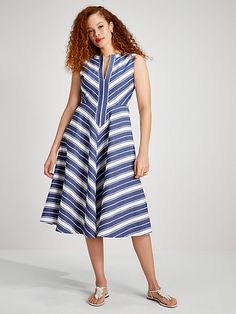 Stripes stripes stripes. We simply can't get enough. So we put some on this elegant split-neck midi dress perfect for brunch picnics parties out on the patio… | Kate Spade Stripe Double Cloth Midi Dress, Sailboat Blue - 4 High Neck Dress Formal, Chevron Outfit, Embellished Midi Dress, Kate Spade Outlet, Cobalt Blue Dress, Off White Dresses, Midi Shift Dress, Design Clothes, Striped Midi Dress