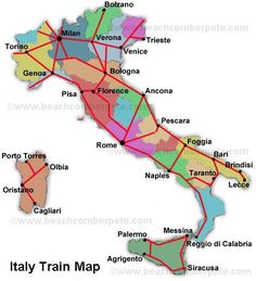 the italy train map is shown in red