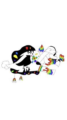 an artistic drawing of a bird with rainbows on it's wings and tail