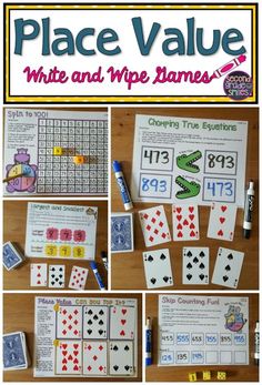 the place value game for white and wipe games is shown in four different pictures, including two