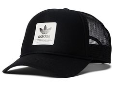 adidas Originals Dispatch Trucker 5-Panel High Crown Mesh-Back Adjustable Strapback Cap - Caps : Black/White : Protection with a style wearing adidas Originals Dispatch Trucker 5-Panel High Crown Mesh-Back Adjustable Strapback Cap. Curved brim. Mesh back panels. Adjustable snapback closure. Adidas trefoil embroidered at center front. 100% polyester. Spot clean. Imported. Measurements: Circumference: 24 in Brim: 9 in Adidas Trefoil, Adidas Originals, Trucker Hat, Black White, Crown, Relaxed Fit, Mesh, Adidas, Black And White